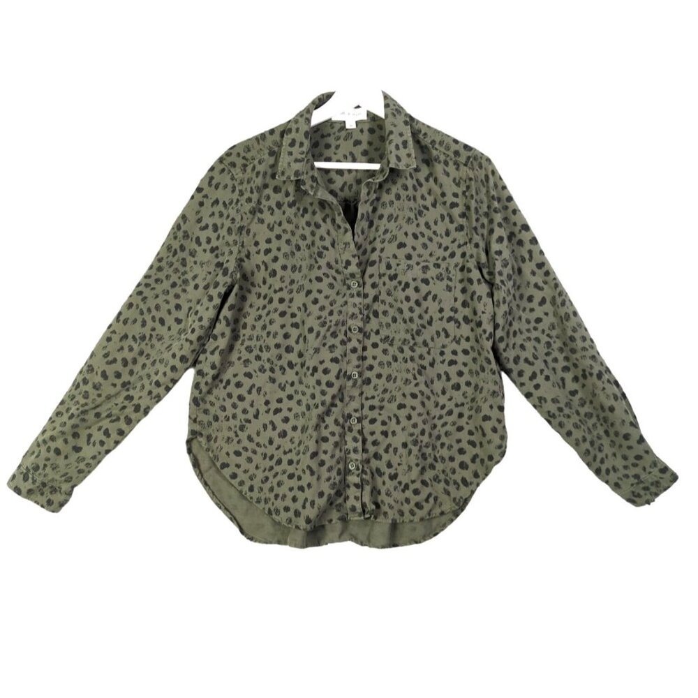Cloth & Stone Evereve Womens Safari Animal Leopard Button Up Top M Olive Green